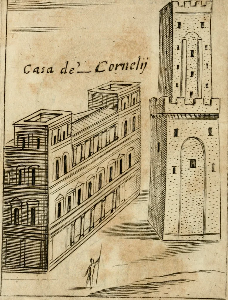 An illustration from Ritratto di Roma antica : nel qvale sono figvrati i principali tempij, theatri, anfiteatri, cerchi, naumachie, archi trionfali, curie, basiliche, colonne, ordine del trionfo, dignita militari, e ciuili, riti cerimonie, & altre cose notabili : aggiuntoui di nuouo le vite, & effigie de' primi rè di essa, e le grandezze dell'Imperio Romano, con l'esplicationi istoriche de' piu celebri antiquarij, 1654, leaf 117