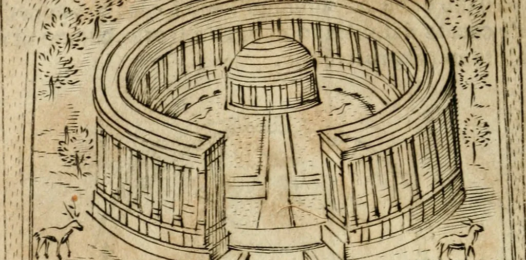An illustration from Ritratto di Roma antica : nel qvale sono figvrati i principali tempij, theatri, anfiteatri, cerchi, naumachie, archi trionfali, curie, basiliche, colonne, ordine del trionfo, dignita militari, e ciuili, riti cerimonie, & altre cose notabili : aggiuntoui di nuouo le vite, & effigie de' primi rè di essa, e le grandezze dell'Imperio Romano, con l'esplicationi istoriche de' piu celebri antiquarij, 1654, leaf 121