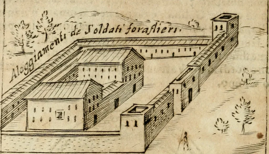 An illustration from Ritratto di Roma antica : nel qvale sono figvrati i principali tempij, theatri, anfiteatri, cerchi, naumachie, archi trionfali, curie, basiliche, colonne, ordine del trionfo, dignita militari, e ciuili, riti cerimonie, & altre cose notabili : aggiuntoui di nuouo le vite, & effigie de' primi rè di essa, e le grandezze dell'Imperio Romano, con l'esplicationi istoriche de' piu celebri antiquarij, 1654, leaf 123