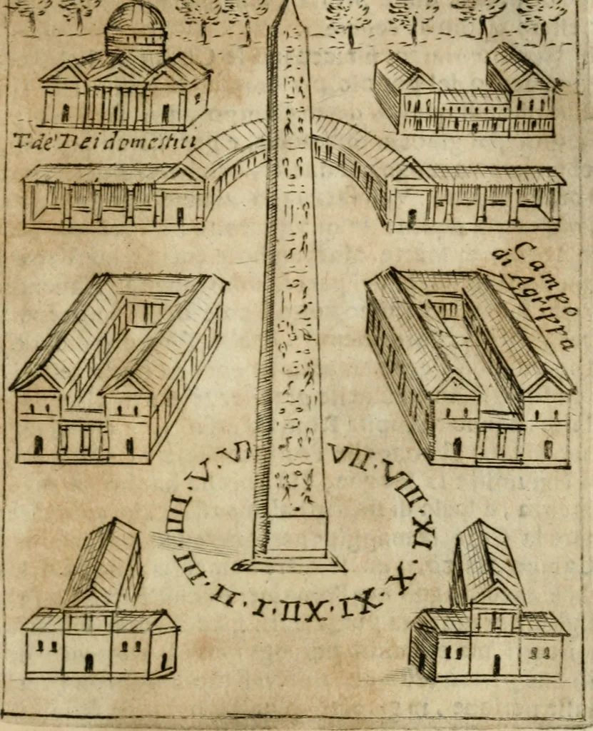 An illustration from Ritratto di Roma antica : nel qvale sono figvrati i principali tempij, theatri, anfiteatri, cerchi, naumachie, archi trionfali, curie, basiliche, colonne, ordine del trionfo, dignita militari, e ciuili, riti cerimonie, & altre cose notabili : aggiuntoui di nuouo le vite, & effigie de' primi rè di essa, e le grandezze dell'Imperio Romano, con l'esplicationi istoriche de' piu celebri antiquarij, 1654, leaf 128