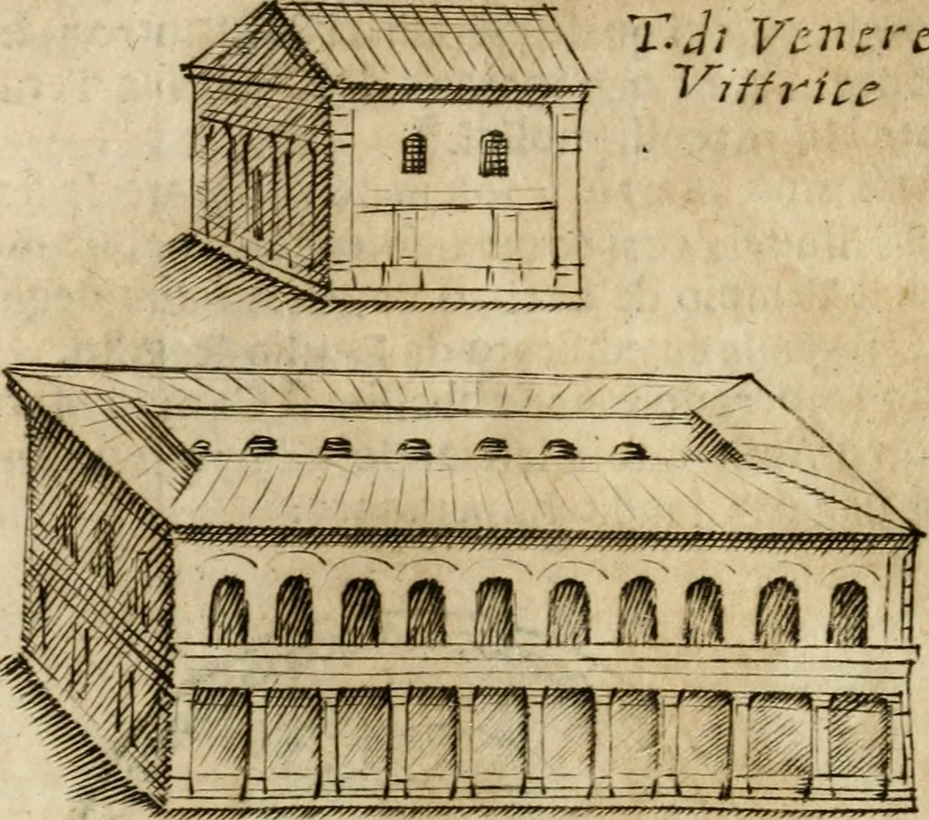 An illustration from Ritratto di Roma antica : nel qvale sono figvrati i principali tempij, theatri, anfiteatri, cerchi, naumachie, archi trionfali, curie, basiliche, colonne, ordine del trionfo, dignita militari, e ciuili, riti cerimonie, & altre cose notabili : aggiuntoui di nuouo le vite, & effigie de' primi rè di essa, e le grandezze dell'Imperio Romano, con l'esplicationi istoriche de' piu celebri antiquarij, 1654, leaf 131