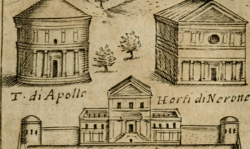An illustration from Ritratto di Roma antica : nel qvale sono figvrati i principali tempij, theatri, anfiteatri, cerchi, naumachie, archi trionfali, curie, basiliche, colonne, ordine del trionfo, dignita militari, e ciuili, riti cerimonie, & altre cose notabili : aggiuntoui di nuouo le vite, & effigie de' primi rè di essa, e le grandezze dell'Imperio Romano, con l'esplicationi istoriche de' piu celebri antiquarij, 1654, leaf 134