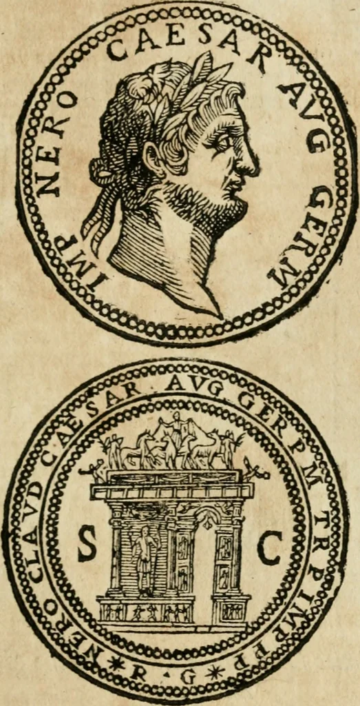 An illustration from Ritratto di Roma antica : nel qvale sono figvrati i principali tempij, theatri, anfiteatri, cerchi, naumachie, archi trionfali, curie, basiliche, colonne, ordine del trionfo, dignita militari, e ciuili, riti cerimonie, & altre cose notabili : aggiuntoui di nuouo le vite, & effigie de' primi rè di essa, e le grandezze dell'Imperio Romano, con l'esplicationi istoriche de' piu celebri antiquarij, 1654, leaf 136
