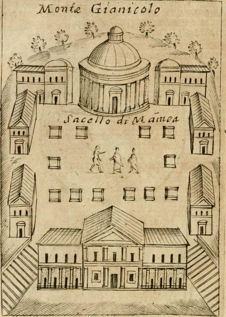 An illustration from Ritratto di Roma antica : nel qvale sono figvrati i principali tempij, theatri, anfiteatri, cerchi, naumachie, archi trionfali, curie, basiliche, colonne, ordine del trionfo, dignita militari, e ciuili, riti cerimonie, & altre cose notabili : aggiuntoui di nuouo le vite, & effigie de' primi rè di essa, e le grandezze dell'Imperio Romano, con l'esplicationi istoriche de' piu celebri antiquarij, 1654, leaf 137