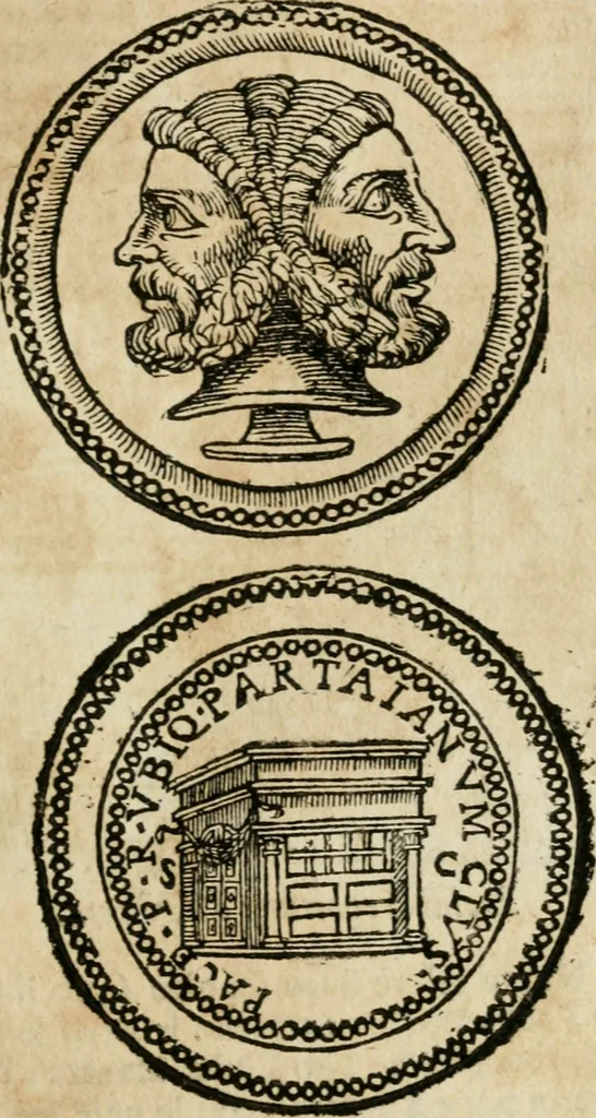 An illustration from Ritratto di Roma antica : nel qvale sono figvrati i principali tempij, theatri, anfiteatri, cerchi, naumachie, archi trionfali, curie, basiliche, colonne, ordine del trionfo, dignita militari, e ciuili, riti cerimonie, & altre cose notabili : aggiuntoui di nuouo le vite, & effigie de' primi rè di essa, e le grandezze dell'Imperio Romano, con l'esplicationi istoriche de' piu celebri antiquarij, 1654, leaf 140