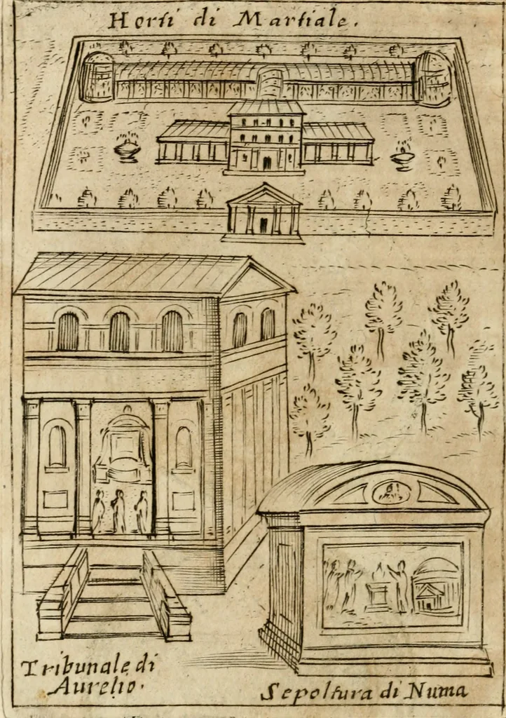 An illustration from Ritratto di Roma antica : nel qvale sono figvrati i principali tempij, theatri, anfiteatri, cerchi, naumachie, archi trionfali, curie, basiliche, colonne, ordine del trionfo, dignita militari, e ciuili, riti cerimonie, & altre cose notabili : aggiuntoui di nuouo le vite, & effigie de' primi rè di essa, e le grandezze dell'Imperio Romano, con l'esplicationi istoriche de' piu celebri antiquarij, 1654, leaf 141
