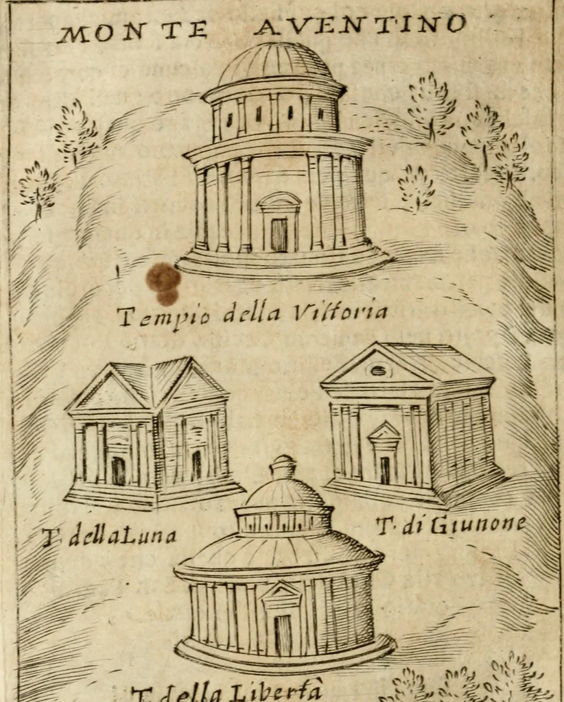 An illustration from Ritratto di Roma antica : nel qvale sono figvrati i principali tempij, theatri, anfiteatri, cerchi, naumachie, archi trionfali, curie, basiliche, colonne, ordine del trionfo, dignita militari, e ciuili, riti cerimonie, & altre cose notabili : aggiuntoui di nuouo le vite, & effigie de' primi rè di essa, e le grandezze dell'Imperio Romano, con l'esplicationi istoriche de' piu celebri antiquarij, 1654, leaf 143