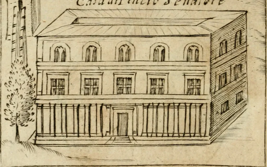 An illustration from Ritratto di Roma antica : nel qvale sono figvrati i principali tempij, theatri, anfiteatri, cerchi, naumachie, archi trionfali, curie, basiliche, colonne, ordine del trionfo, dignita militari, e ciuili, riti cerimonie, & altre cose notabili : aggiuntoui di nuouo le vite, & effigie de' primi rè di essa, e le grandezze dell'Imperio Romano, con l'esplicationi istoriche de' piu celebri antiquarij, 1654, leaf 145