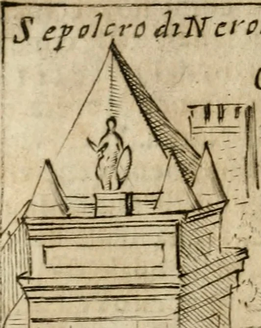 An illustration from Ritratto di Roma antica : nel qvale sono figvrati i principali tempij, theatri, anfiteatri, cerchi, naumachie, archi trionfali, curie, basiliche, colonne, ordine del trionfo, dignita militari, e ciuili, riti cerimonie, & altre cose notabili : aggiuntoui di nuouo le vite, & effigie de' primi rè di essa, e le grandezze dell'Imperio Romano, con l'esplicationi istoriche de' piu celebri antiquarij, 1654, leaf 145