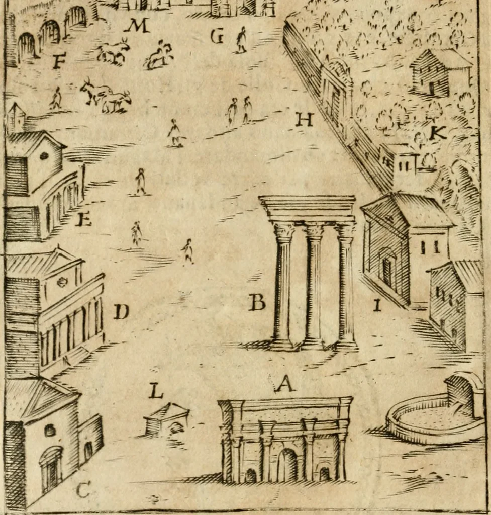An illustration from Ritratto di Roma antica : nel qvale sono figvrati i principali tempij, theatri, anfiteatri, cerchi, naumachie, archi trionfali, curie, basiliche, colonne, ordine del trionfo, dignita militari, e ciuili, riti cerimonie, & altre cose notabili : aggiuntoui di nuouo le vite, & effigie de' primi rè di essa, e le grandezze dell'Imperio Romano, con l'esplicationi istoriche de' piu celebri antiquarij, 1654, leaf 147