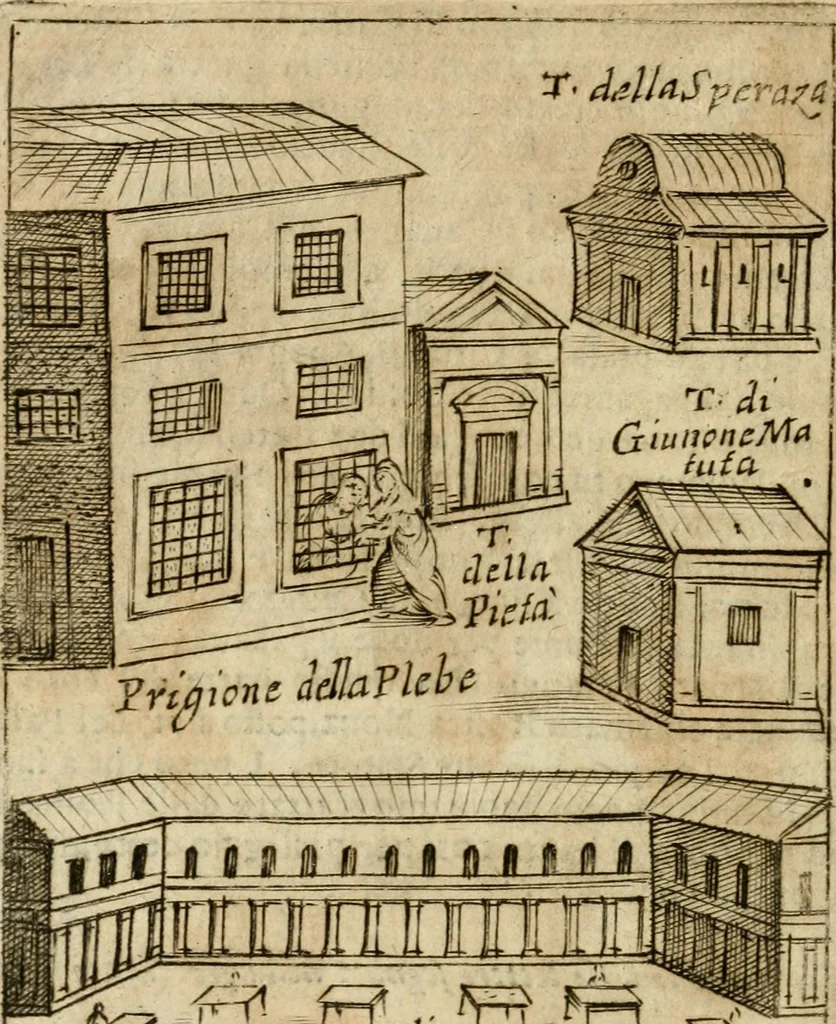 An illustration from Ritratto di Roma antica : nel qvale sono figvrati i principali tempij, theatri, anfiteatri, cerchi, naumachie, archi trionfali, curie, basiliche, colonne, ordine del trionfo, dignita militari, e ciuili, riti cerimonie, & altre cose notabili : aggiuntoui di nuouo le vite, & effigie de' primi rè di essa, e le grandezze dell'Imperio Romano, con l'esplicationi istoriche de' piu celebri antiquarij, 1654, leaf 151