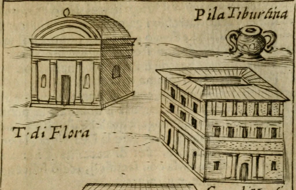 An illustration from Ritratto di Roma antica : nel qvale sono figvrati i principali tempij, theatri, anfiteatri, cerchi, naumachie, archi trionfali, curie, basiliche, colonne, ordine del trionfo, dignita militari, e ciuili, riti cerimonie, & altre cose notabili : aggiuntoui di nuouo le vite, & effigie de' primi rè di essa, e le grandezze dell'Imperio Romano, con l'esplicationi istoriche de' piu celebri antiquarij, 1654, leaf 154