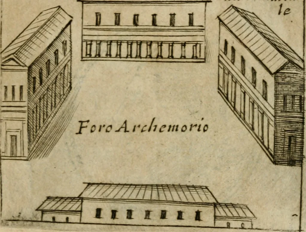 An illustration from Ritratto di Roma antica : nel qvale sono figvrati i principali tempij, theatri, anfiteatri, cerchi, naumachie, archi trionfali, curie, basiliche, colonne, ordine del trionfo, dignita militari, e ciuili, riti cerimonie, & altre cose notabili : aggiuntoui di nuouo le vite, & effigie de' primi rè di essa, e le grandezze dell'Imperio Romano, con l'esplicationi istoriche de' piu celebri antiquarij, 1654, leaf 154