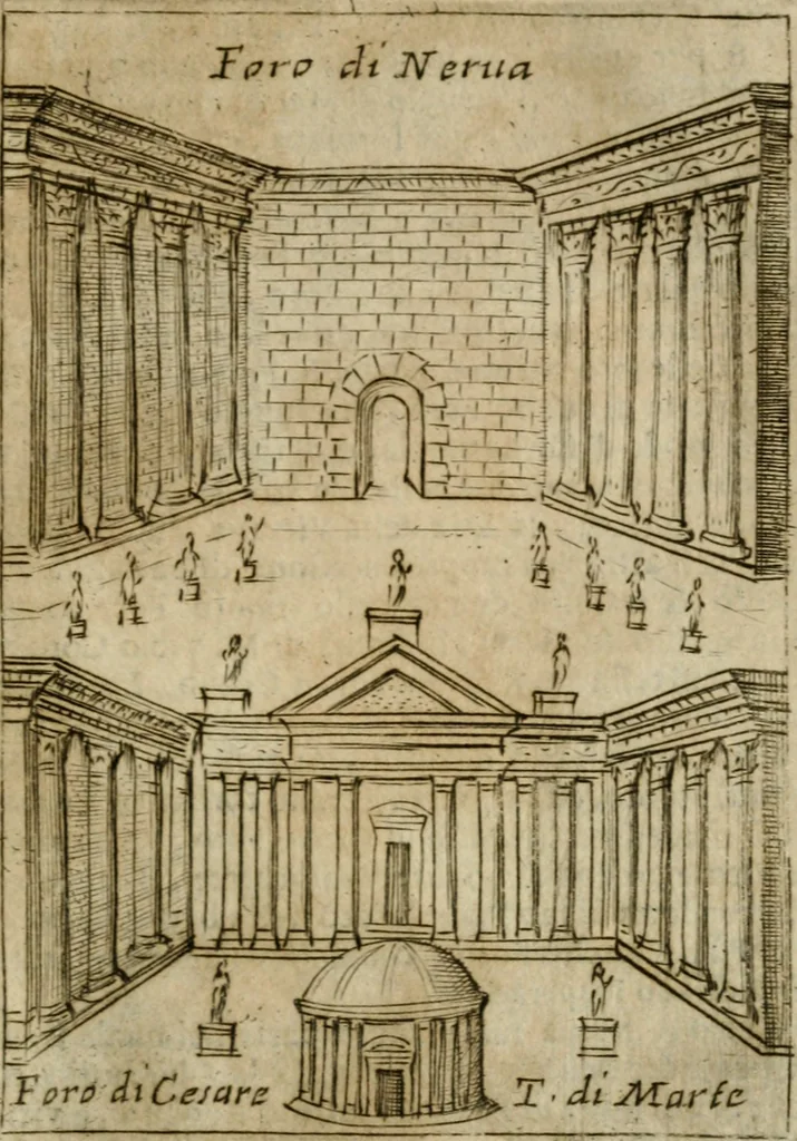 An illustration from Ritratto di Roma antica : nel qvale sono figvrati i principali tempij, theatri, anfiteatri, cerchi, naumachie, archi trionfali, curie, basiliche, colonne, ordine del trionfo, dignita militari, e ciuili, riti cerimonie, & altre cose notabili : aggiuntoui di nuouo le vite, & effigie de' primi rè di essa, e le grandezze dell'Imperio Romano, con l'esplicationi istoriche de' piu celebri antiquarij, 1654, leaf 156