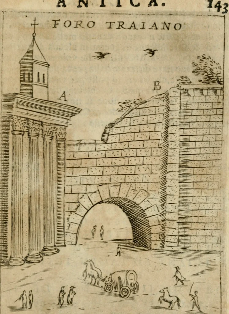 An illustration from Ritratto di Roma antica : nel qvale sono figvrati i principali tempij, theatri, anfiteatri, cerchi, naumachie, archi trionfali, curie, basiliche, colonne, ordine del trionfo, dignita militari, e ciuili, riti cerimonie, & altre cose notabili : aggiuntoui di nuouo le vite, & effigie de' primi rè di essa, e le grandezze dell'Imperio Romano, con l'esplicationi istoriche de' piu celebri antiquarij, 1654, leaf 160