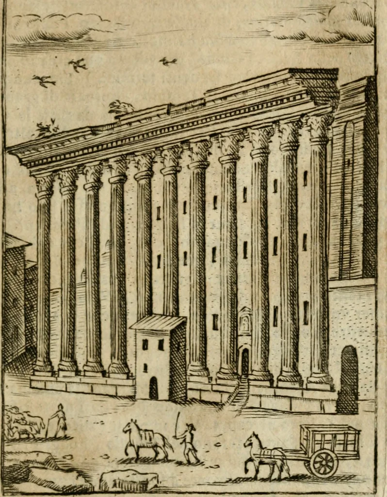 An illustration from Ritratto di Roma antica : nel qvale sono figvrati i principali tempij, theatri, anfiteatri, cerchi, naumachie, archi trionfali, curie, basiliche, colonne, ordine del trionfo, dignita militari, e ciuili, riti cerimonie, & altre cose notabili : aggiuntoui di nuouo le vite, & effigie de' primi rè di essa, e le grandezze dell'Imperio Romano, con l'esplicationi istoriche de' piu celebri antiquarij, 1654, leaf 166
