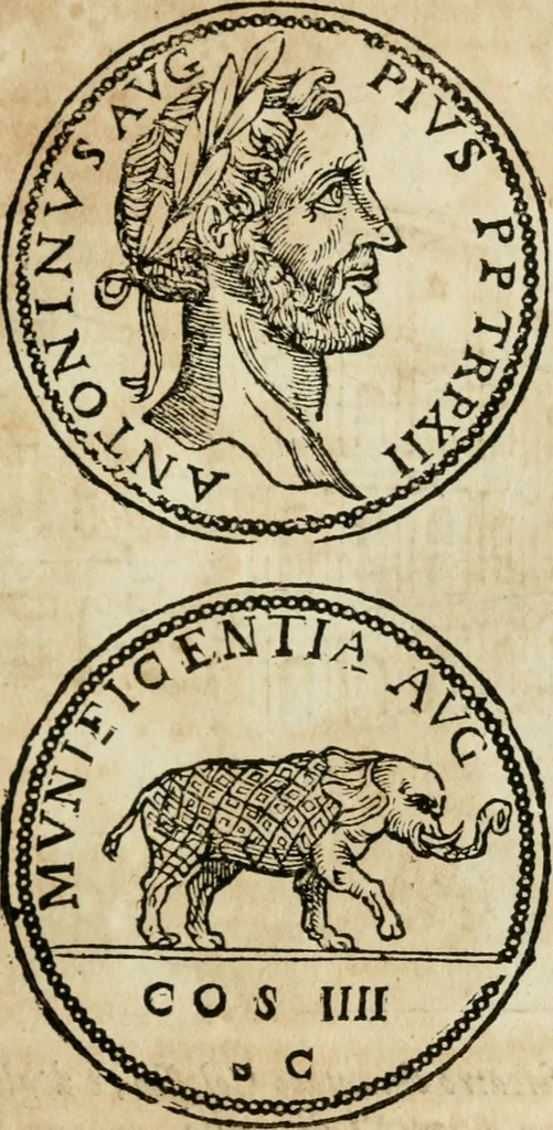 An illustration from Ritratto di Roma antica : nel qvale sono figvrati i principali tempij, theatri, anfiteatri, cerchi, naumachie, archi trionfali, curie, basiliche, colonne, ordine del trionfo, dignita militari, e ciuili, riti cerimonie, & altre cose notabili : aggiuntoui di nuouo le vite, & effigie de' primi rè di essa, e le grandezze dell'Imperio Romano, con l'esplicationi istoriche de' piu celebri antiquarij, 1654, leaf 168
