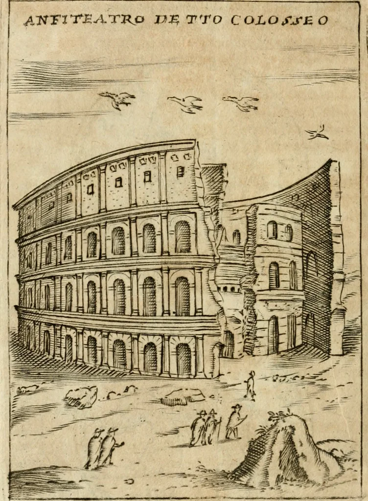 An illustration from Ritratto di Roma antica : nel qvale sono figvrati i principali tempij, theatri, anfiteatri, cerchi, naumachie, archi trionfali, curie, basiliche, colonne, ordine del trionfo, dignita militari, e ciuili, riti cerimonie, & altre cose notabili : aggiuntoui di nuouo le vite, & effigie de' primi rè di essa, e le grandezze dell'Imperio Romano, con l'esplicationi istoriche de' piu celebri antiquarij, 1654, leaf 169