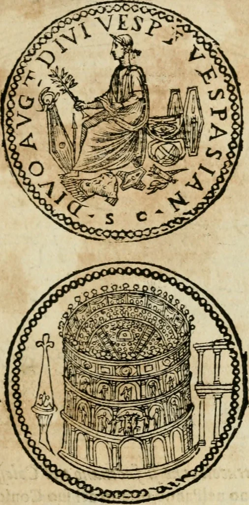 An illustration from Ritratto di Roma antica : nel qvale sono figvrati i principali tempij, theatri, anfiteatri, cerchi, naumachie, archi trionfali, curie, basiliche, colonne, ordine del trionfo, dignita militari, e ciuili, riti cerimonie, & altre cose notabili : aggiuntoui di nuouo le vite, & effigie de' primi rè di essa, e le grandezze dell'Imperio Romano, con l'esplicationi istoriche de' piu celebri antiquarij, 1654, leaf 172