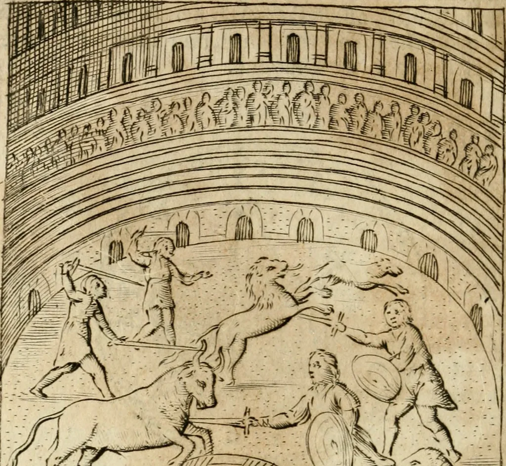 An illustration from Ritratto di Roma antica : nel qvale sono figvrati i principali tempij, theatri, anfiteatri, cerchi, naumachie, archi trionfali, curie, basiliche, colonne, ordine del trionfo, dignita militari, e ciuili, riti cerimonie, & altre cose notabili : aggiuntoui di nuouo le vite, & effigie de' primi rè di essa, e le grandezze dell'Imperio Romano, con l'esplicationi istoriche de' piu celebri antiquarij, 1654, leaf 173