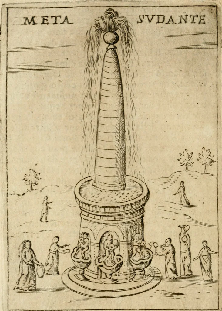 An illustration from Ritratto di Roma antica : nel qvale sono figvrati i principali tempij, theatri, anfiteatri, cerchi, naumachie, archi trionfali, curie, basiliche, colonne, ordine del trionfo, dignita militari, e ciuili, riti cerimonie, & altre cose notabili : aggiuntoui di nuouo le vite, & effigie de' primi rè di essa, e le grandezze dell'Imperio Romano, con l'esplicationi istoriche de' piu celebri antiquarij, 1654, leaf 175