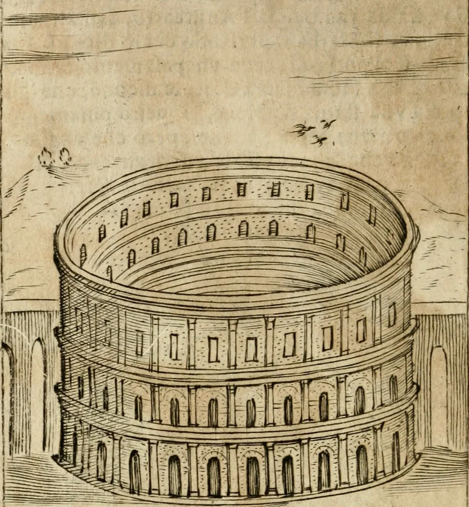 An illustration from Ritratto di Roma antica : nel qvale sono figvrati i principali tempij, theatri, anfiteatri, cerchi, naumachie, archi trionfali, curie, basiliche, colonne, ordine del trionfo, dignita militari, e ciuili, riti cerimonie, & altre cose notabili : aggiuntoui di nuouo le vite, & effigie de' primi rè di essa, e le grandezze dell'Imperio Romano, con l'esplicationi istoriche de' piu celebri antiquarij, 1654, leaf 177