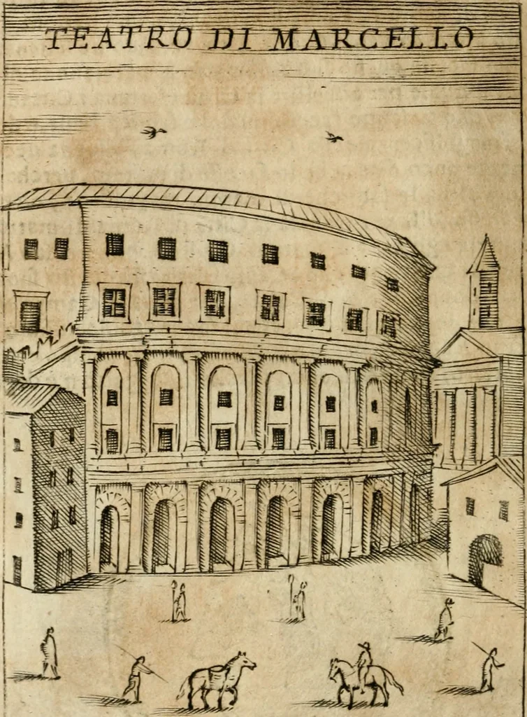 An illustration from Ritratto di Roma antica : nel qvale sono figvrati i principali tempij, theatri, anfiteatri, cerchi, naumachie, archi trionfali, curie, basiliche, colonne, ordine del trionfo, dignita militari, e ciuili, riti cerimonie, & altre cose notabili : aggiuntoui di nuouo le vite, & effigie de' primi rè di essa, e le grandezze dell'Imperio Romano, con l'esplicationi istoriche de' piu celebri antiquarij, 1654, leaf 179