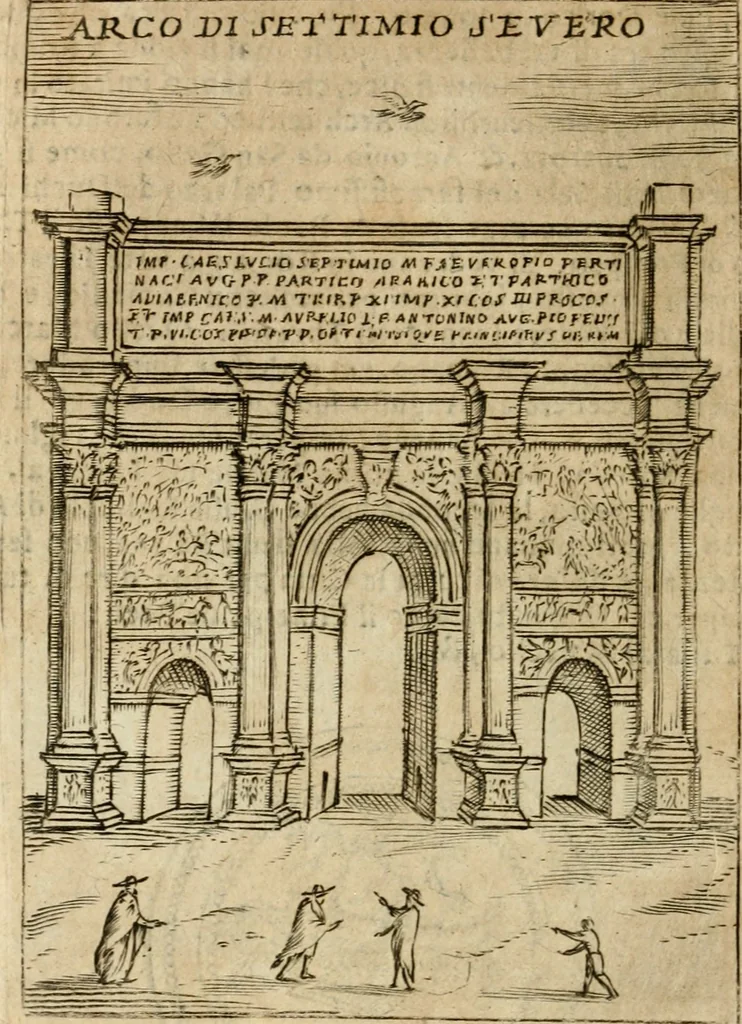 An illustration from Ritratto di Roma antica : nel qvale sono figvrati i principali tempij, theatri, anfiteatri, cerchi, naumachie, archi trionfali, curie, basiliche, colonne, ordine del trionfo, dignita militari, e ciuili, riti cerimonie, & altre cose notabili : aggiuntoui di nuouo le vite, & effigie de' primi rè di essa, e le grandezze dell'Imperio Romano, con l'esplicationi istoriche de' piu celebri antiquarij, 1654, leaf 181