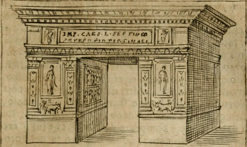 An illustration from Ritratto di Roma antica : nel qvale sono figvrati i principali tempij, theatri, anfiteatri, cerchi, naumachie, archi trionfali, curie, basiliche, colonne, ordine del trionfo, dignita militari, e ciuili, riti cerimonie, & altre cose notabili : aggiuntoui di nuouo le vite, & effigie de' primi rè di essa, e le grandezze dell'Imperio Romano, con l'esplicationi istoriche de' piu celebri antiquarij, 1654, leaf 184