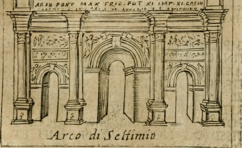 An illustration from Ritratto di Roma antica : nel qvale sono figvrati i principali tempij, theatri, anfiteatri, cerchi, naumachie, archi trionfali, curie, basiliche, colonne, ordine del trionfo, dignita militari, e ciuili, riti cerimonie, & altre cose notabili : aggiuntoui di nuouo le vite, & effigie de' primi rè di essa, e le grandezze dell'Imperio Romano, con l'esplicationi istoriche de' piu celebri antiquarij, 1654, leaf 184