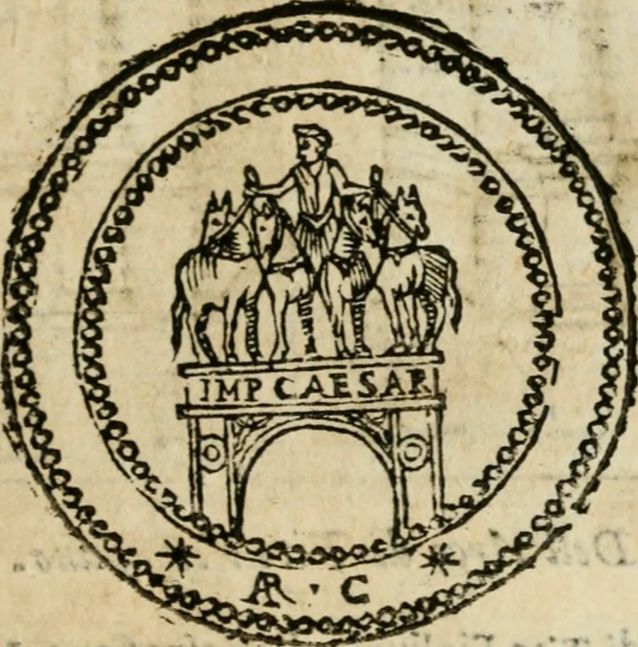 An illustration from Ritratto di Roma antica : nel qvale sono figvrati i principali tempij, theatri, anfiteatri, cerchi, naumachie, archi trionfali, curie, basiliche, colonne, ordine del trionfo, dignita militari, e ciuili, riti cerimonie, & altre cose notabili : aggiuntoui di nuouo le vite, & effigie de' primi rè di essa, e le grandezze dell'Imperio Romano, con l'esplicationi istoriche de' piu celebri antiquarij, 1654, leaf 186