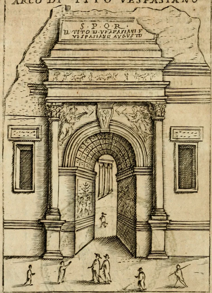 An illustration from Ritratto di Roma antica : nel qvale sono figvrati i principali tempij, theatri, anfiteatri, cerchi, naumachie, archi trionfali, curie, basiliche, colonne, ordine del trionfo, dignita militari, e ciuili, riti cerimonie, & altre cose notabili : aggiuntoui di nuouo le vite, & effigie de' primi rè di essa, e le grandezze dell'Imperio Romano, con l'esplicationi istoriche de' piu celebri antiquarij, 1654, leaf 187
