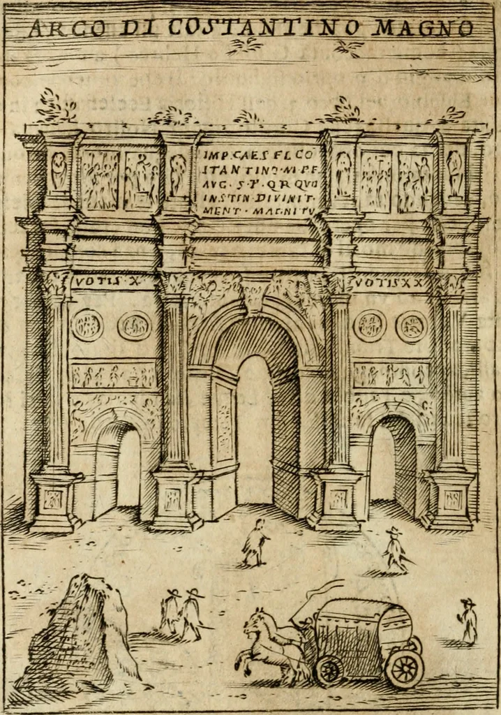 An illustration from Ritratto di Roma antica : nel qvale sono figvrati i principali tempij, theatri, anfiteatri, cerchi, naumachie, archi trionfali, curie, basiliche, colonne, ordine del trionfo, dignita militari, e ciuili, riti cerimonie, & altre cose notabili : aggiuntoui di nuouo le vite, & effigie de' primi rè di essa, e le grandezze dell'Imperio Romano, con l'esplicationi istoriche de' piu celebri antiquarij, 1654, leaf 189