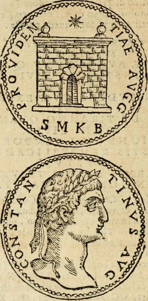An illustration from Ritratto di Roma antica : nel qvale sono figvrati i principali tempij, theatri, anfiteatri, cerchi, naumachie, archi trionfali, curie, basiliche, colonne, ordine del trionfo, dignita militari, e ciuili, riti cerimonie, & altre cose notabili : aggiuntoui di nuouo le vite, & effigie de' primi rè di essa, e le grandezze dell'Imperio Romano, con l'esplicationi istoriche de' piu celebri antiquarij, 1654, leaf 191