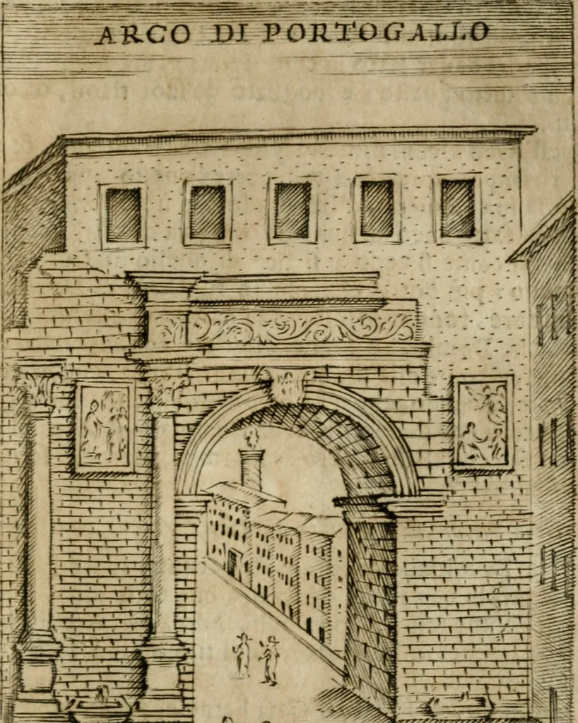 An illustration from Ritratto di Roma antica : nel qvale sono figvrati i principali tempij, theatri, anfiteatri, cerchi, naumachie, archi trionfali, curie, basiliche, colonne, ordine del trionfo, dignita militari, e ciuili, riti cerimonie, & altre cose notabili : aggiuntoui di nuouo le vite, & effigie de' primi rè di essa, e le grandezze dell'Imperio Romano, con l'esplicationi istoriche de' piu celebri antiquarij, 1654, leaf 192