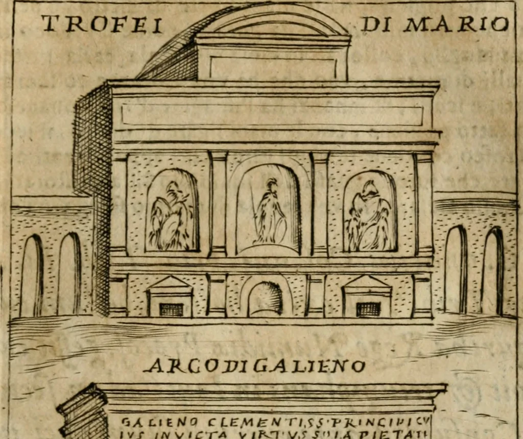 An illustration from Ritratto di Roma antica : nel qvale sono figvrati i principali tempij, theatri, anfiteatri, cerchi, naumachie, archi trionfali, curie, basiliche, colonne, ordine del trionfo, dignita militari, e ciuili, riti cerimonie, & altre cose notabili : aggiuntoui di nuouo le vite, & effigie de' primi rè di essa, e le grandezze dell'Imperio Romano, con l'esplicationi istoriche de' piu celebri antiquarij, 1654, leaf 194