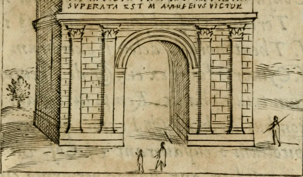 An illustration from Ritratto di Roma antica : nel qvale sono figvrati i principali tempij, theatri, anfiteatri, cerchi, naumachie, archi trionfali, curie, basiliche, colonne, ordine del trionfo, dignita militari, e ciuili, riti cerimonie, & altre cose notabili : aggiuntoui di nuouo le vite, & effigie de' primi rè di essa, e le grandezze dell'Imperio Romano, con l'esplicationi istoriche de' piu celebri antiquarij, 1654, leaf 194