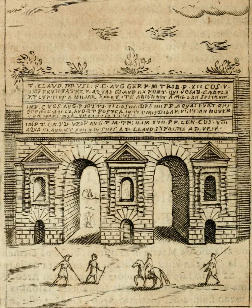An illustration from Ritratto di Roma antica : nel qvale sono figvrati i principali tempij, theatri, anfiteatri, cerchi, naumachie, archi trionfali, curie, basiliche, colonne, ordine del trionfo, dignita militari, e ciuili, riti cerimonie, & altre cose notabili : aggiuntoui di nuouo le vite, & effigie de' primi rè di essa, e le grandezze dell'Imperio Romano, con l'esplicationi istoriche de' piu celebri antiquarij, 1654, leaf 197