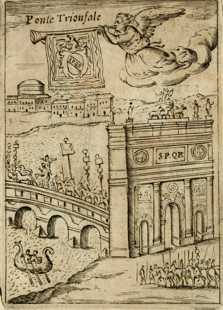 An illustration from Ritratto di Roma antica : nel qvale sono figvrati i principali tempij, theatri, anfiteatri, cerchi, naumachie, archi trionfali, curie, basiliche, colonne, ordine del trionfo, dignita militari, e ciuili, riti cerimonie, & altre cose notabili : aggiuntoui di nuouo le vite, & effigie de' primi rè di essa, e le grandezze dell'Imperio Romano, con l'esplicationi istoriche de' piu celebri antiquarij, 1654, leaf 203
