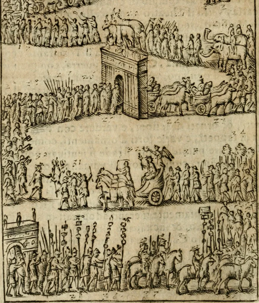 An illustration from Ritratto di Roma antica : nel qvale sono figvrati i principali tempij, theatri, anfiteatri, cerchi, naumachie, archi trionfali, curie, basiliche, colonne, ordine del trionfo, dignita militari, e ciuili, riti cerimonie, & altre cose notabili : aggiuntoui di nuouo le vite, & effigie de' primi rè di essa, e le grandezze dell'Imperio Romano, con l'esplicationi istoriche de' piu celebri antiquarij, 1654, leaf 205