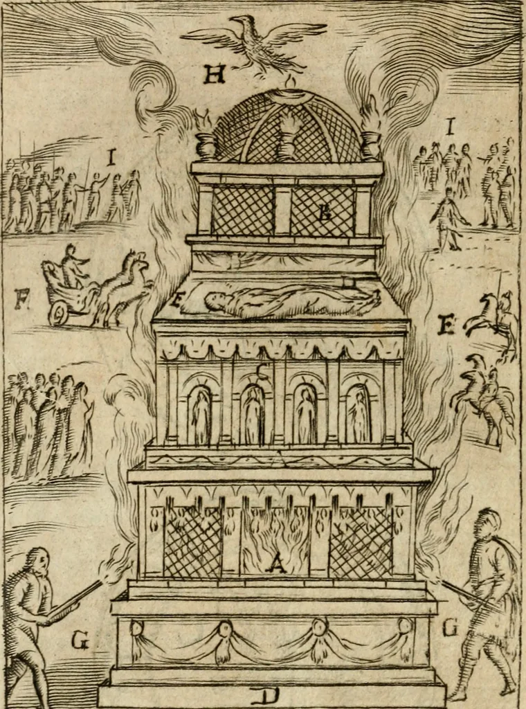 An illustration from Ritratto di Roma antica : nel qvale sono figvrati i principali tempij, theatri, anfiteatri, cerchi, naumachie, archi trionfali, curie, basiliche, colonne, ordine del trionfo, dignita militari, e ciuili, riti cerimonie, & altre cose notabili : aggiuntoui di nuouo le vite, & effigie de' primi rè di essa, e le grandezze dell'Imperio Romano, con l'esplicationi istoriche de' piu celebri antiquarij, 1654, leaf 213