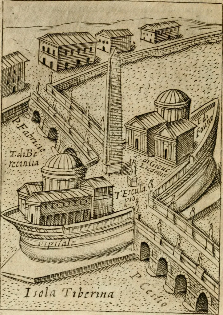 An illustration from Ritratto di Roma antica : nel qvale sono figvrati i principali tempij, theatri, anfiteatri, cerchi, naumachie, archi trionfali, curie, basiliche, colonne, ordine del trionfo, dignita militari, e ciuili, riti cerimonie, & altre cose notabili : aggiuntoui di nuouo le vite, & effigie de' primi rè di essa, e le grandezze dell'Imperio Romano, con l'esplicationi istoriche de' piu celebri antiquarij, 1654, leaf 215