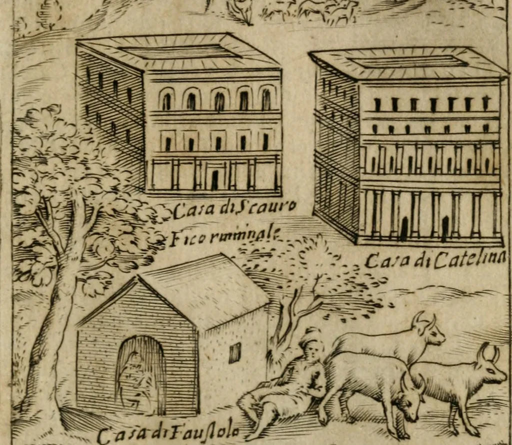 An illustration from Ritratto di Roma antica : nel qvale sono figvrati i principali tempij, theatri, anfiteatri, cerchi, naumachie, archi trionfali, curie, basiliche, colonne, ordine del trionfo, dignita militari, e ciuili, riti cerimonie, & altre cose notabili : aggiuntoui di nuouo le vite, & effigie de' primi rè di essa, e le grandezze dell'Imperio Romano, con l'esplicationi istoriche de' piu celebri antiquarij, 1654, leaf 22