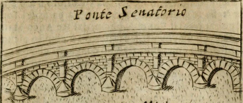 An illustration from Ritratto di Roma antica : nel qvale sono figvrati i principali tempij, theatri, anfiteatri, cerchi, naumachie, archi trionfali, curie, basiliche, colonne, ordine del trionfo, dignita militari, e ciuili, riti cerimonie, & altre cose notabili : aggiuntoui di nuouo le vite, & effigie de' primi rè di essa, e le grandezze dell'Imperio Romano, con l'esplicationi istoriche de' piu celebri antiquarij, 1654, leaf 220