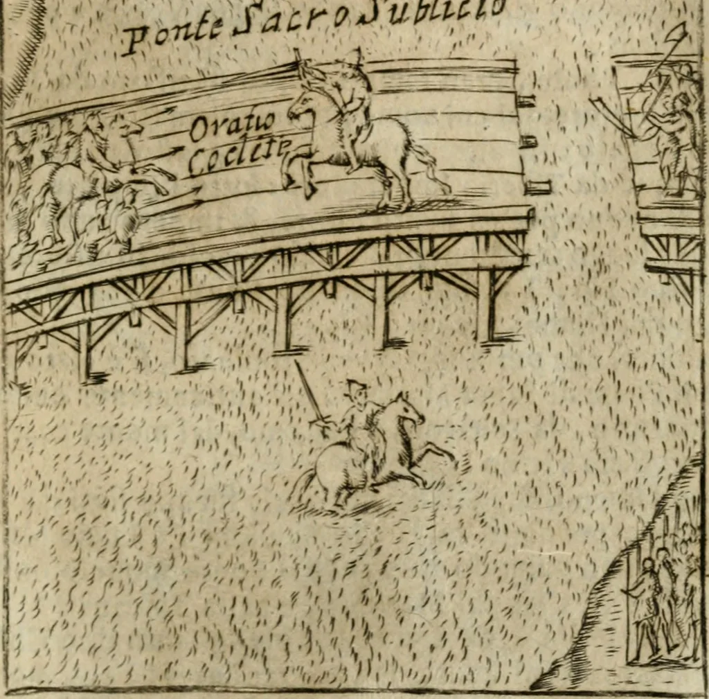 An illustration from Ritratto di Roma antica : nel qvale sono figvrati i principali tempij, theatri, anfiteatri, cerchi, naumachie, archi trionfali, curie, basiliche, colonne, ordine del trionfo, dignita militari, e ciuili, riti cerimonie, & altre cose notabili : aggiuntoui di nuouo le vite, & effigie de' primi rè di essa, e le grandezze dell'Imperio Romano, con l'esplicationi istoriche de' piu celebri antiquarij, 1654, leaf 220