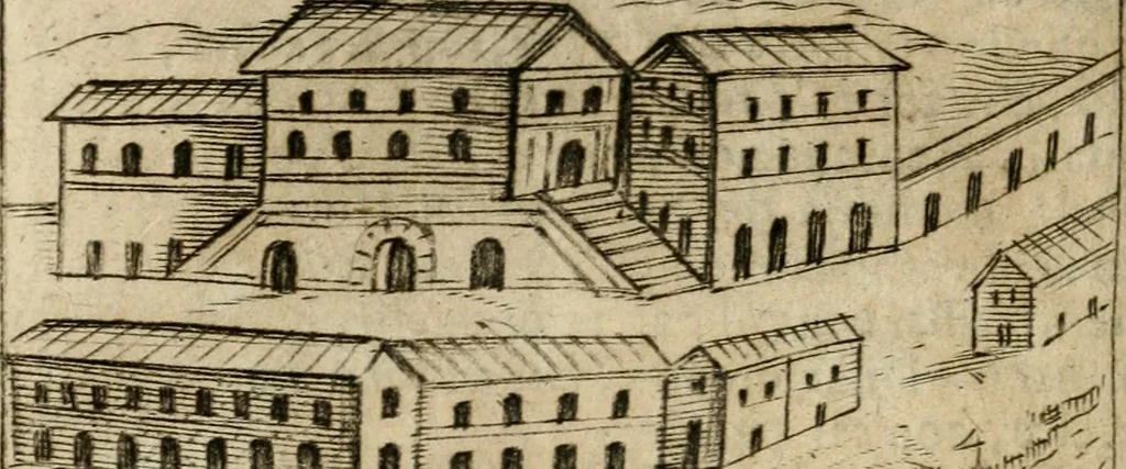 An illustration from Ritratto di Roma antica : nel qvale sono figvrati i principali tempij, theatri, anfiteatri, cerchi, naumachie, archi trionfali, curie, basiliche, colonne, ordine del trionfo, dignita militari, e ciuili, riti cerimonie, & altre cose notabili : aggiuntoui di nuouo le vite, & effigie de' primi rè di essa, e le grandezze dell'Imperio Romano, con l'esplicationi istoriche de' piu celebri antiquarij, 1654, leaf 223