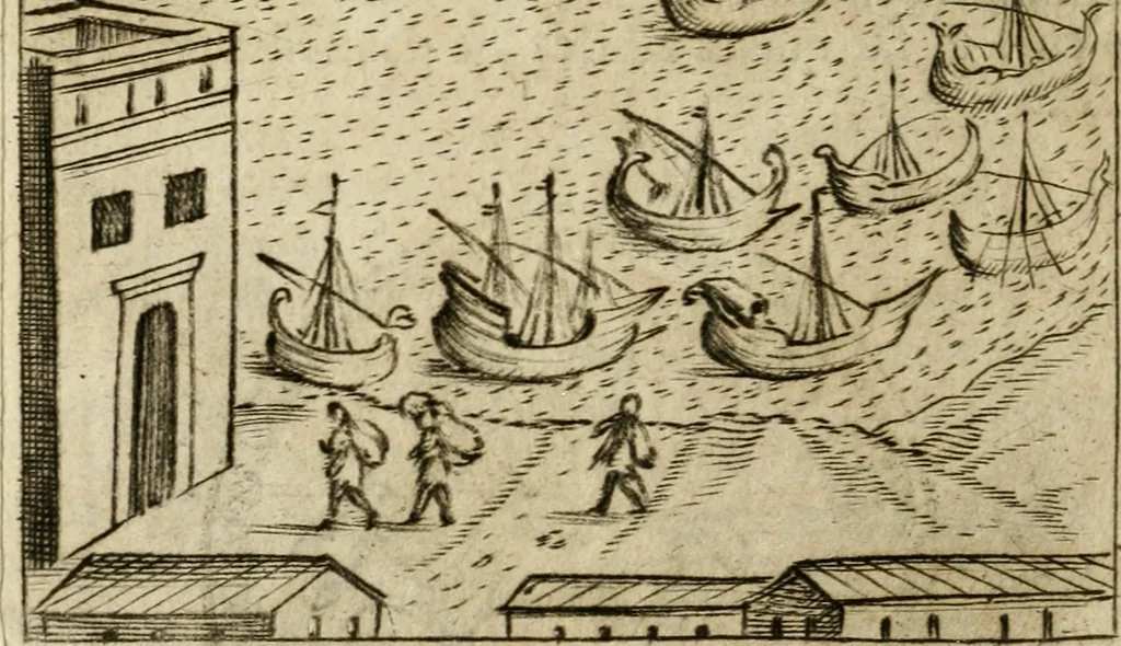 An illustration from Ritratto di Roma antica : nel qvale sono figvrati i principali tempij, theatri, anfiteatri, cerchi, naumachie, archi trionfali, curie, basiliche, colonne, ordine del trionfo, dignita militari, e ciuili, riti cerimonie, & altre cose notabili : aggiuntoui di nuouo le vite, & effigie de' primi rè di essa, e le grandezze dell'Imperio Romano, con l'esplicationi istoriche de' piu celebri antiquarij, 1654, leaf 223