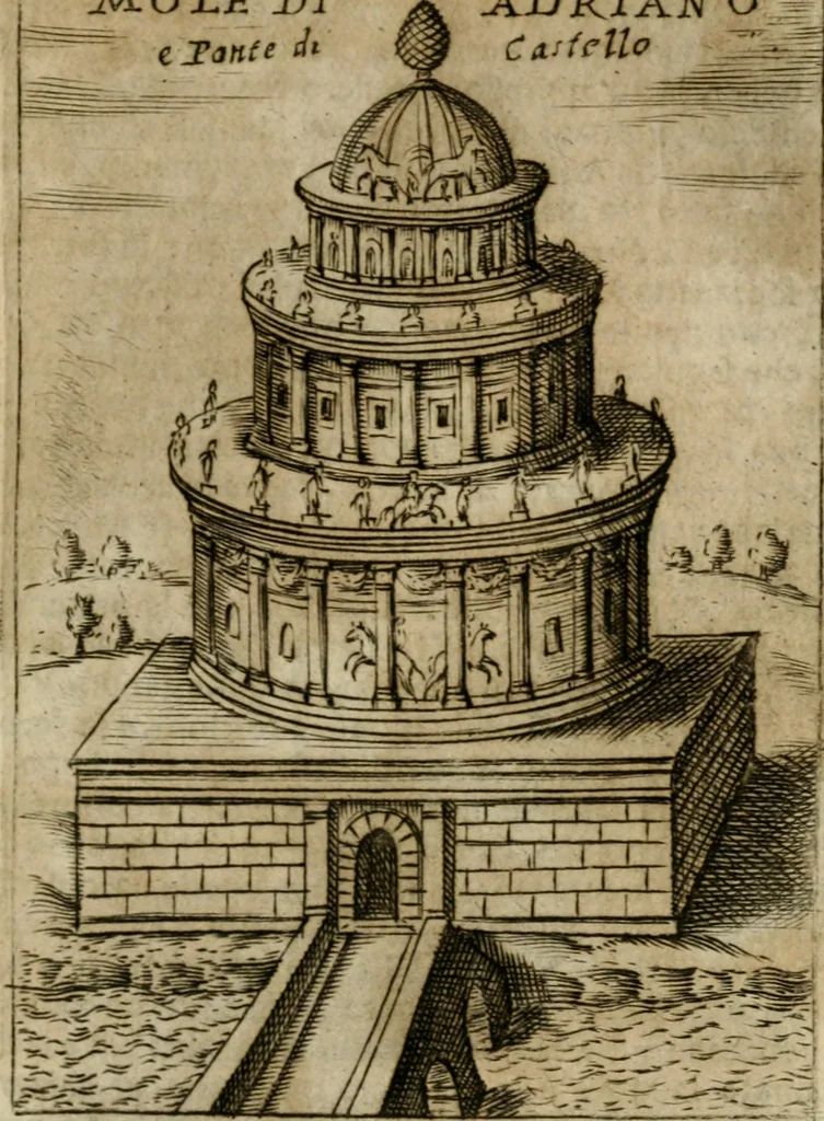 An illustration from Ritratto di Roma antica : nel qvale sono figvrati i principali tempij, theatri, anfiteatri, cerchi, naumachie, archi trionfali, curie, basiliche, colonne, ordine del trionfo, dignita militari, e ciuili, riti cerimonie, & altre cose notabili : aggiuntoui di nuouo le vite, & effigie de' primi rè di essa, e le grandezze dell'Imperio Romano, con l'esplicationi istoriche de' piu celebri antiquarij, 1654, leaf 228