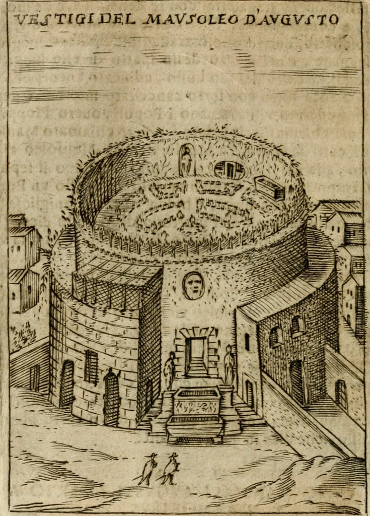 An illustration from Ritratto di Roma antica : nel qvale sono figvrati i principali tempij, theatri, anfiteatri, cerchi, naumachie, archi trionfali, curie, basiliche, colonne, ordine del trionfo, dignita militari, e ciuili, riti cerimonie, & altre cose notabili : aggiuntoui di nuouo le vite, & effigie de' primi rè di essa, e le grandezze dell'Imperio Romano, con l'esplicationi istoriche de' piu celebri antiquarij, 1654, leaf 233