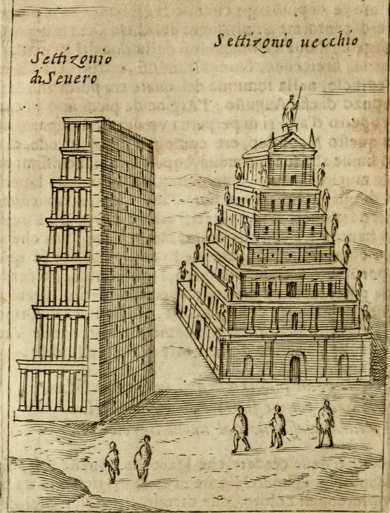 An illustration from Ritratto di Roma antica : nel qvale sono figvrati i principali tempij, theatri, anfiteatri, cerchi, naumachie, archi trionfali, curie, basiliche, colonne, ordine del trionfo, dignita militari, e ciuili, riti cerimonie, & altre cose notabili : aggiuntoui di nuouo le vite, & effigie de' primi rè di essa, e le grandezze dell'Imperio Romano, con l'esplicationi istoriche de' piu celebri antiquarij, 1654, leaf 235